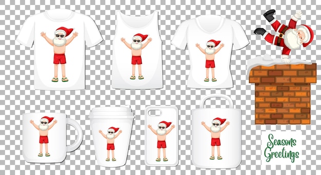 Santa claus bailando personaje de dibujos animados con un conjunto de diferentes productos de ropa y accesorios sobre fondo transparente