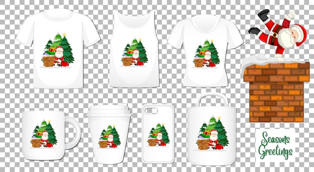 Vector gratuito santa claus bailando personaje de dibujos animados con un conjunto de diferentes productos de ropa y accesorios sobre fondo transparente