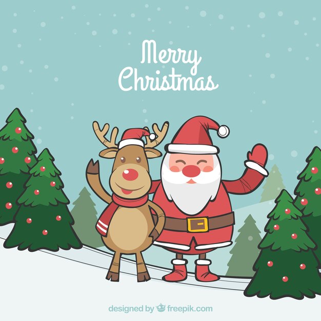 Santa claus dibujado a mano y un reno