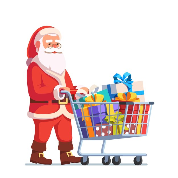 Santa Claus empujando carrito de compras lleno de regalos