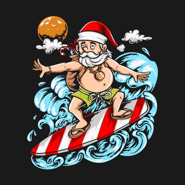 Santa Claus haciendo surf en la ilustración de la playa