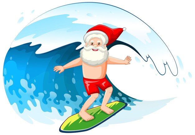 Santa Claus surfeando en las olas del océano para la Navidad del verano