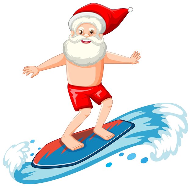 Santa Claus surfeando en tema de verano en blanco