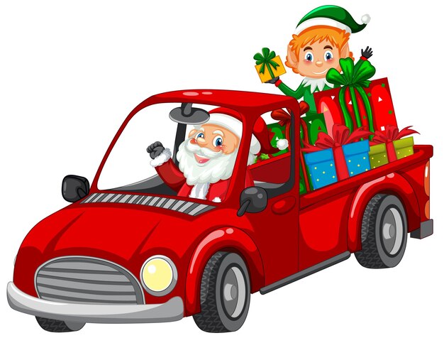 Santa conduciendo coche para entregar regalos de Navidad