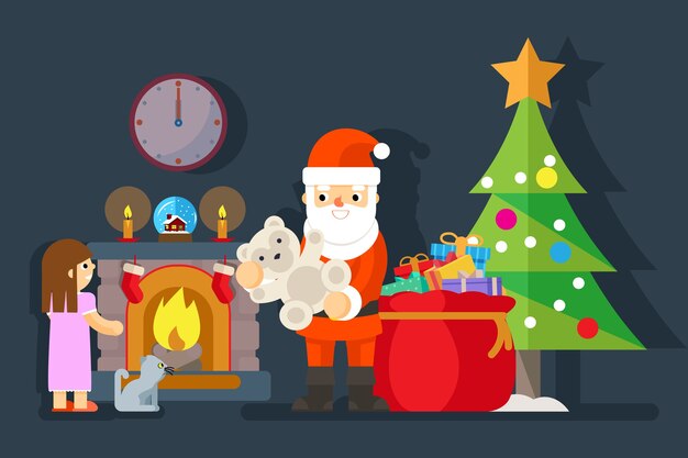 Santa da regalo a niña junto a la chimenea. Oso de peluche y árbol de Navidad, presente para niño, ilustración vectorial