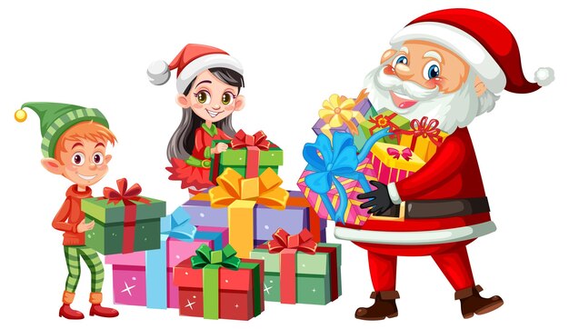Santa y duende preparando regalo de Navidad