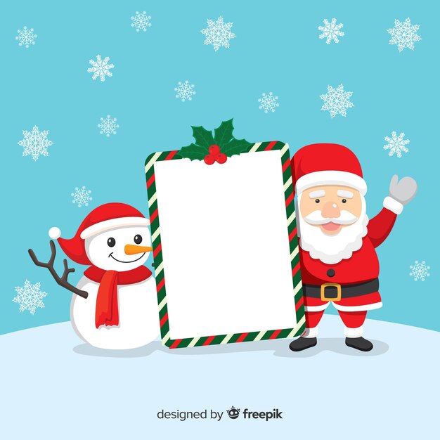 Santa con muñeco de nieve sosteniendo cartel vacío