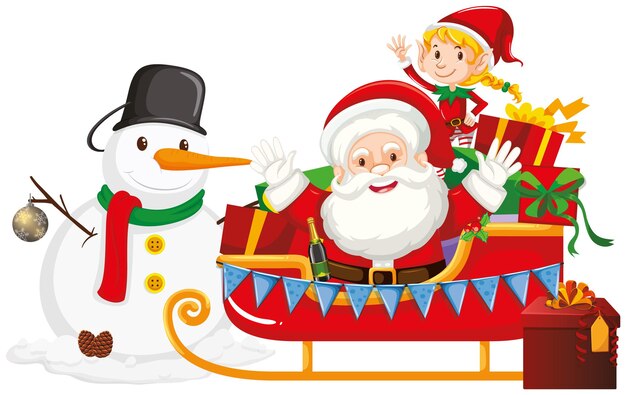 Santa y muñeco de nieve en trineo