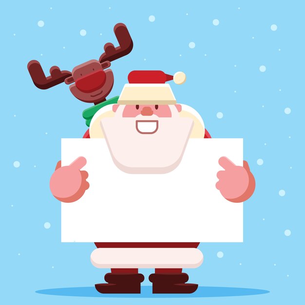 Santa y renos sosteniendo una pancarta en blanco para Navidad