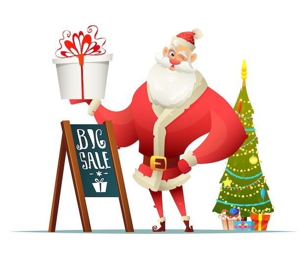 Santa sosteniendo un regalo en su mano cerca de pie letrero de gran venta y un árbol de navidad