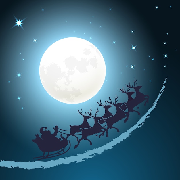 Santa en su trineo fondo de navidad cabalgando a través de un cielo azul crepuscular frente a la luna llena con formato cuadrado de diseño de tarjeta de vector de estrellas centelleantes