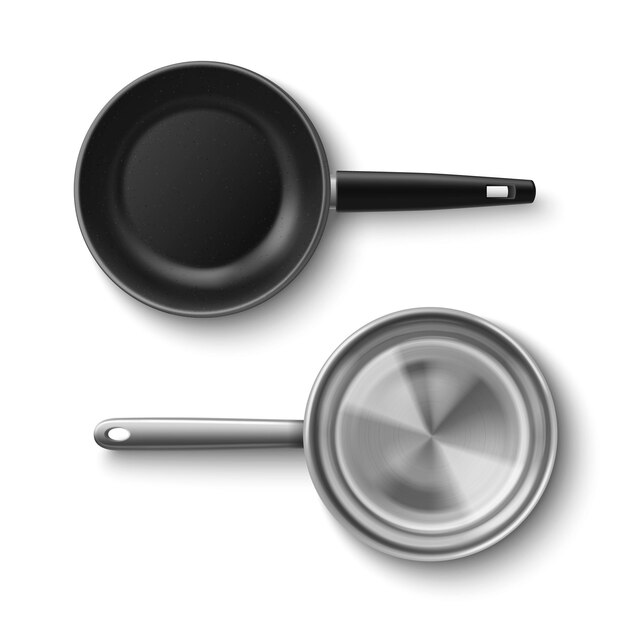sartén de cocina inoxidable realista en 3D con mango
