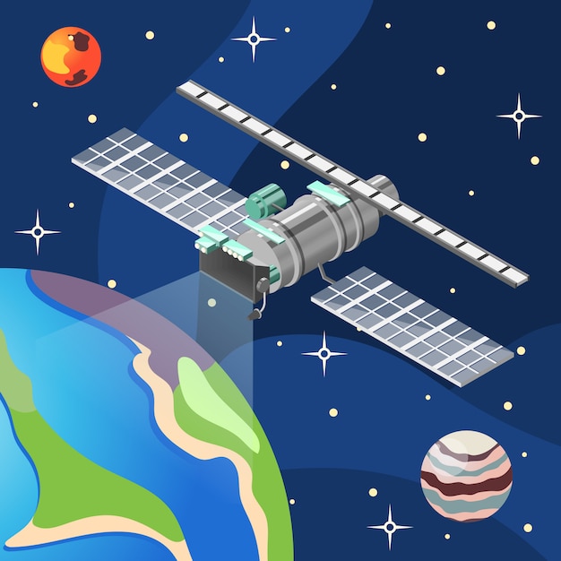 Satélite meteorológico con equipo de meteorología en el fondo oscuro del espacio con planetas terrestres y estrellas