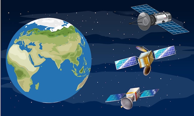 Un satélite y la tierra en el espacio en escena.