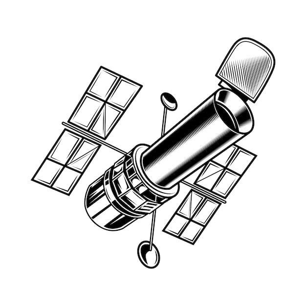 Satélite vintage para la ilustración de vector de investigación. Pegatina monocromática con satélite artificial.