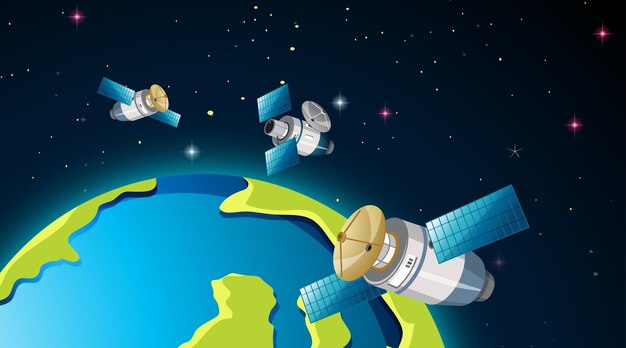 Satélites alrededor de la escena de la tierra.