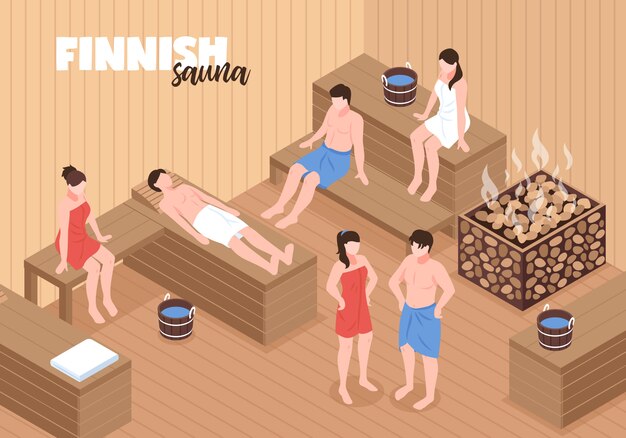 Sauna finlandesa con hombres y mujeres en bancos de madera y calentador con piedras ilustración vectorial isométrica