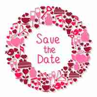 Vector gratuito save the date símbolo circular con iconos románticos que representan corazones