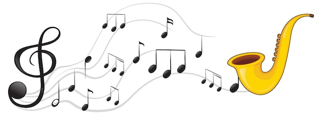 Un saxofón con notas musicales sobre fondo blanco.