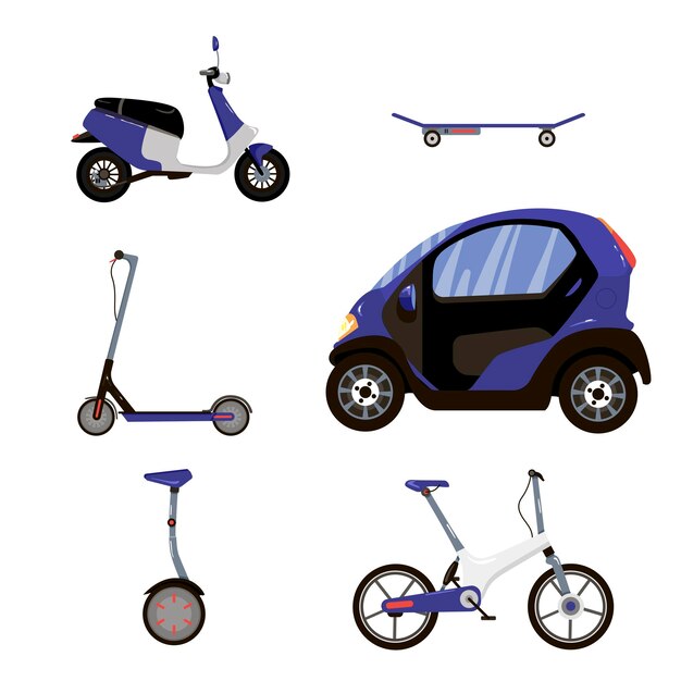 Scooter eléctrico moderno, tabla, bicicleta, ciclomotor, coche, monorrueda aislado sobre fondo blanco. Conjunto de ilustración de vector de dibujos animados de vehículos eléctricos personales. Transporte ecológico, cuidando el concepto de medio ambiente.