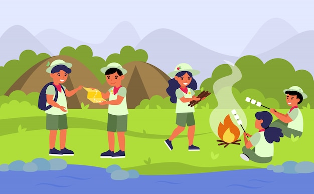 Scouts en camping ilustración vectorial plana