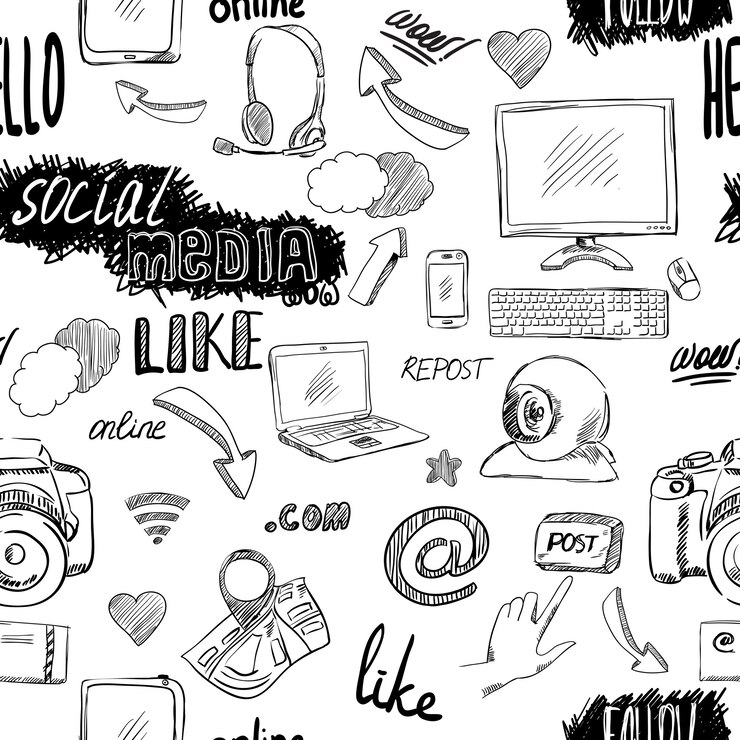 Vector gratuito seamless doodle blog aplicaciones de medios sociales patrón de fondo