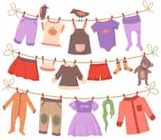 Vector gratuito secado de ropa de bebé. limpiar cuerpos pequeños, vestidos, pantalones, shorts, calcetines, pijamas, juguetes colgados de cuerdas con pájaros. colección de ilustraciones vectoriales para ropa infantil, paternidad, concepto de lavandería