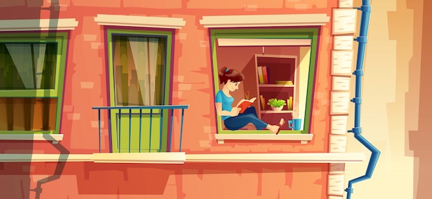 Sección de la fachada del edificio con la niña leyendo el libro en la ventana