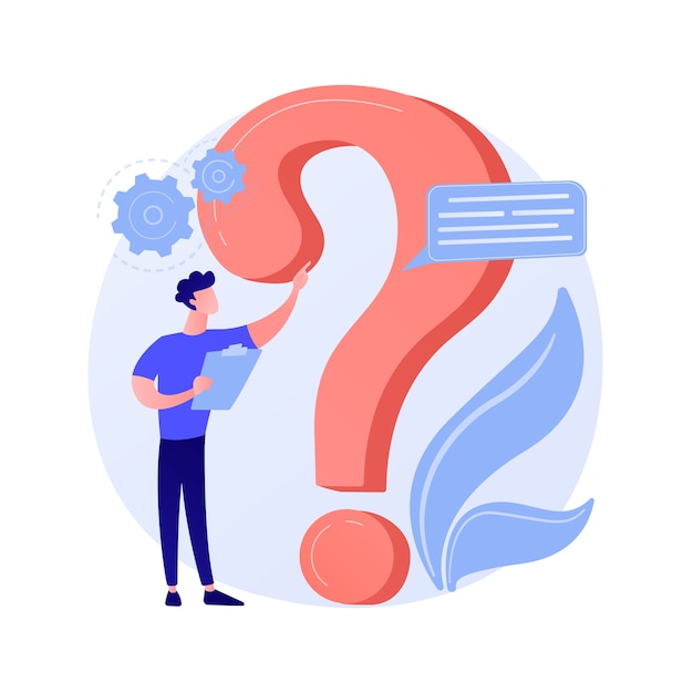 Sección de preguntas frecuentes del sitio web. Mesa de ayuda al usuario, soporte al cliente, preguntas frecuentes. Solución de problemas, juego de preguntas Personaje de dibujos animados de hombre confundido.