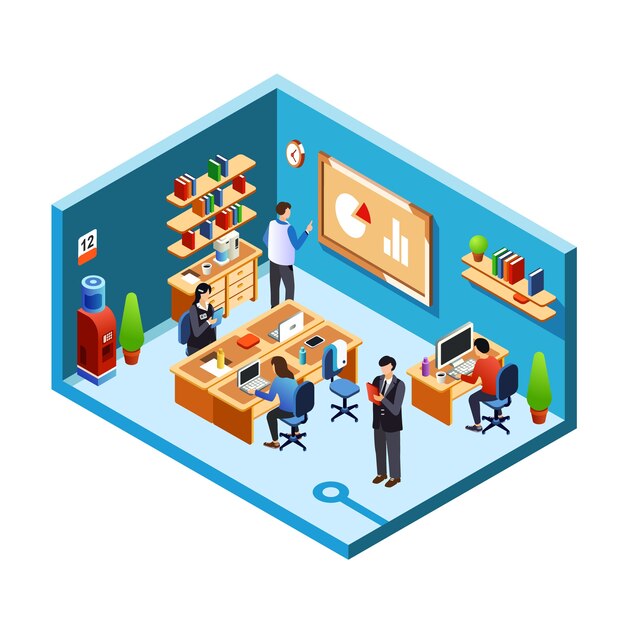 sección transversal de la sala de la oficina, coworking con empleados, empleados en su lugar de trabajo