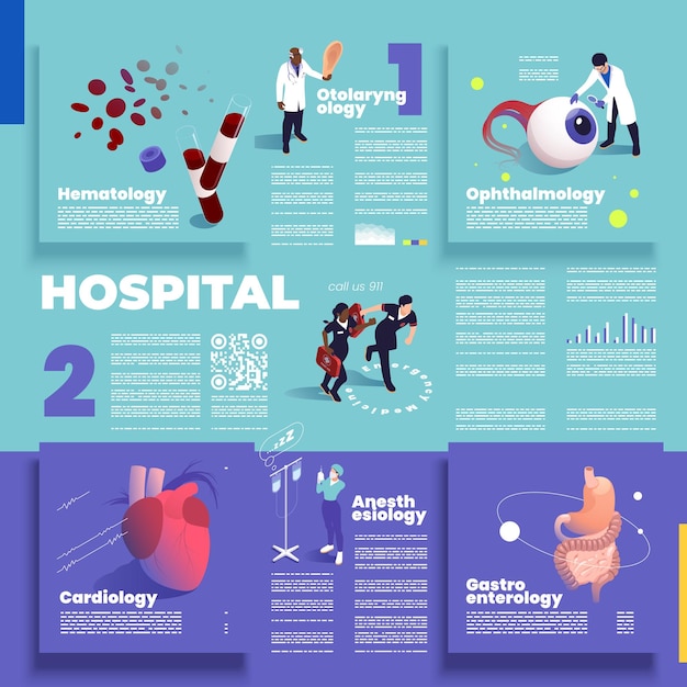 Vector gratuito secciones de medicina concepto isométrico coloreado con cardiología anestesiología gastroenterología oftalmología otorrinolaringología hematología descripciones ilustración vectorial