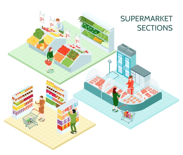 Vector gratuito secciones de supermercado composiciones isométricas