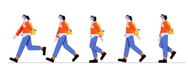 Vector gratuito secuencia de ciclo de caminata de mujer para crear animación de juegos marco de fotos con una adolescente que usa auriculares caminando con mochila movimiento turístico de transeúntes ilustración de arte de línea vectorial plana de dibujos animados