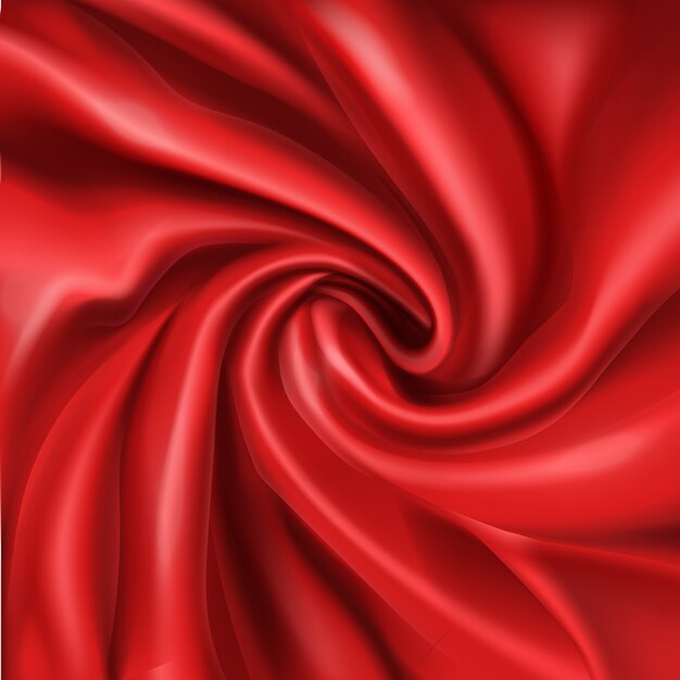 Seda roja ondulada, doblada en espiral arruga 3d abstracto realista, fondo romántico.