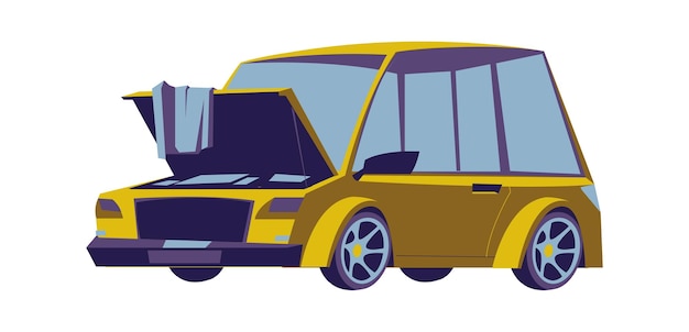 Sedán de coche viejo con capó abierto, icono de vector aislado de dibujos animados