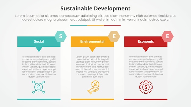 SEE concepto infográfico de desarrollo sostenible para presentación de diapositivas con gran tabla flecha encabezado insignia con lista de 3 puntos con estilo plano
