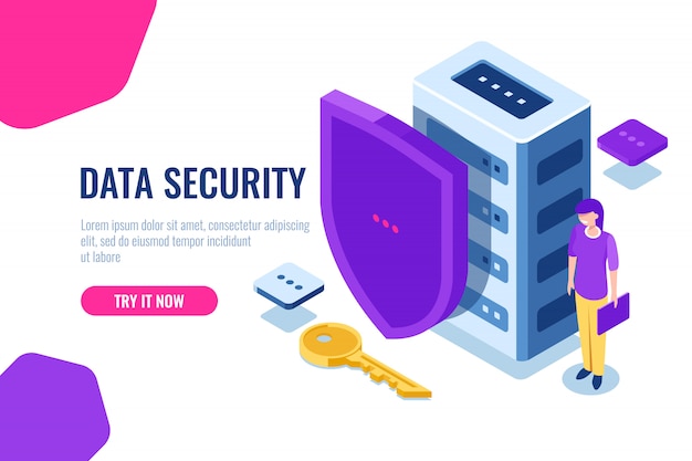 Seguridad de datos isométrica, icono de base de datos con escudo y llave, bloqueo de datos, soporte personal de seguridad