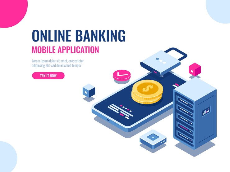 Seguridad del dinero en internet, pago de transacciones protegidas, aplicación móvil de banco en línea