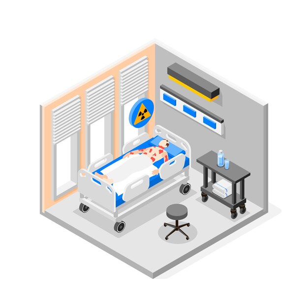 Seguridad en el lugar de trabajo composición isométrica con personas que sufrieron intoxicación por radiación ilustración vectorial