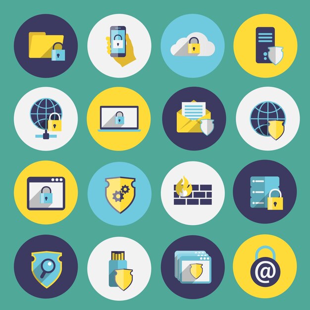 Seguridad de la tecnología de la información plana iconos conjunto de equipo de protección de firewall móvil aislado ilustración vectorial