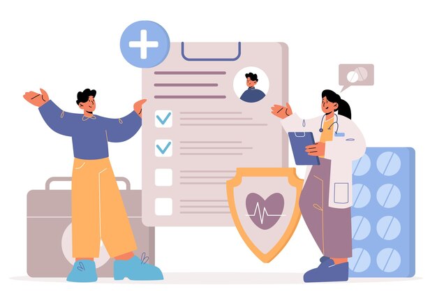 Seguro médico de salud con médico y paciente.
