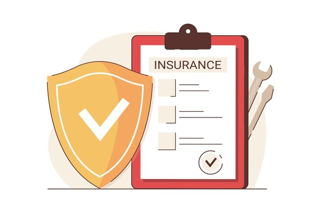 Seguro de transporte plano con formulario de reclamación de póliza y escudo de seguridad. Protección financiera contra daños al automóvil, reparación, accidentes de tráfico y robo de automóviles. Concepto de servicio de seguridad del automóvil.