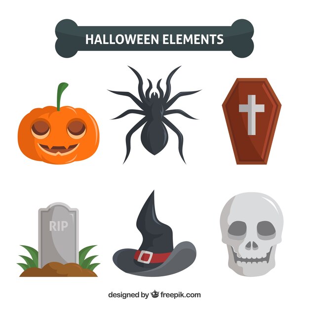 Seis atributos de halloween sobre un fondo blanco