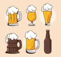 Vector gratuito seis cervezas bebidas establecer iconos