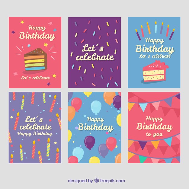 Seis coloridas tarjetas de cumpleaños en diseño plano