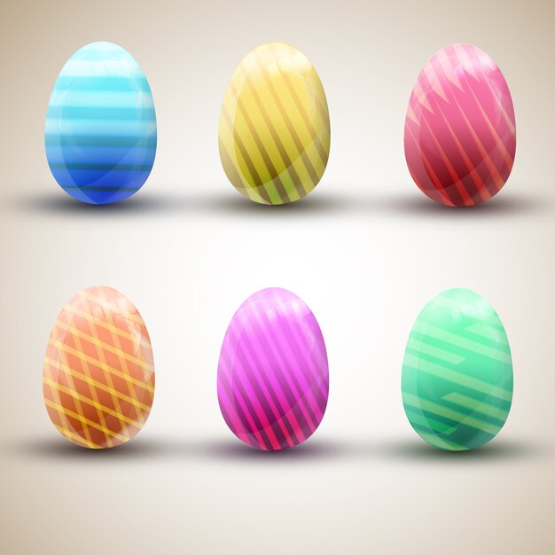 Seis coloridos iconos rayados felices huevos de pascua conjunto aislado en la ilustración de vector plano de superficie ligera
