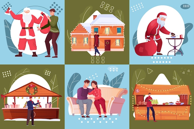 Vector gratuito seis composiciones cuadradas sobre tema de feliz navidad con puestos de souvenirs al aire libre y santa claus con bolsa de regalos ilustración plana