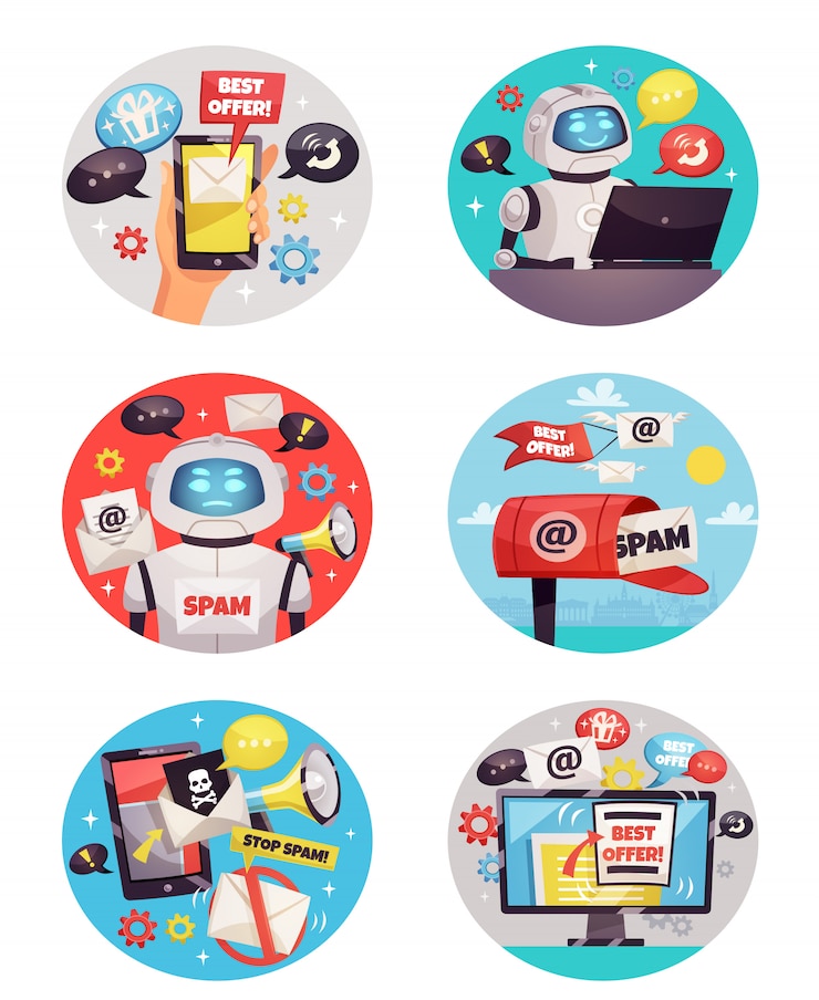 Vector gratuito seis iconos de bot de spam ronda