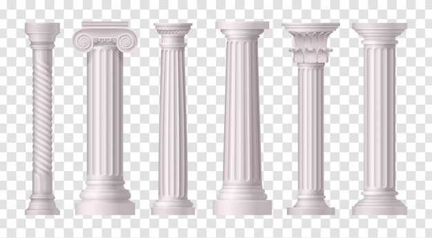 Seis iconos de columnas blancas antiguas aisladas y realistas en la ilustración de superficie transparente