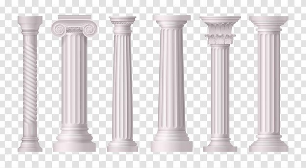 Seis iconos de columnas blancas antiguas aisladas y realistas en la ilustración de superficie transparente